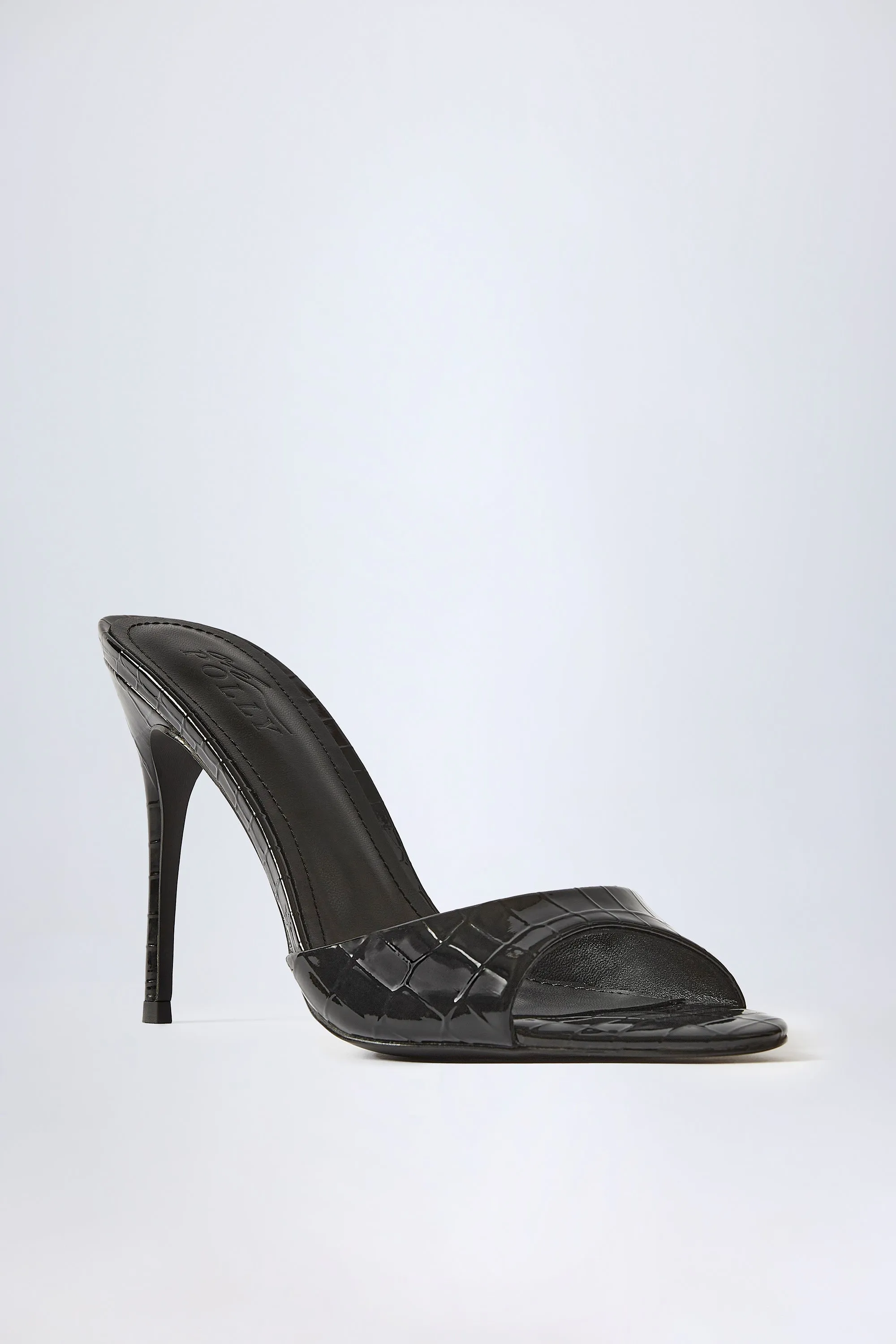 Almond-Toe Heeled Mules in Croc Patent Black