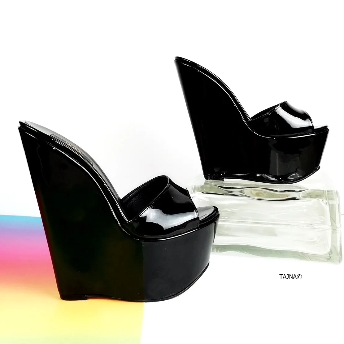 Black Patent Peep Toe Wedge Mules