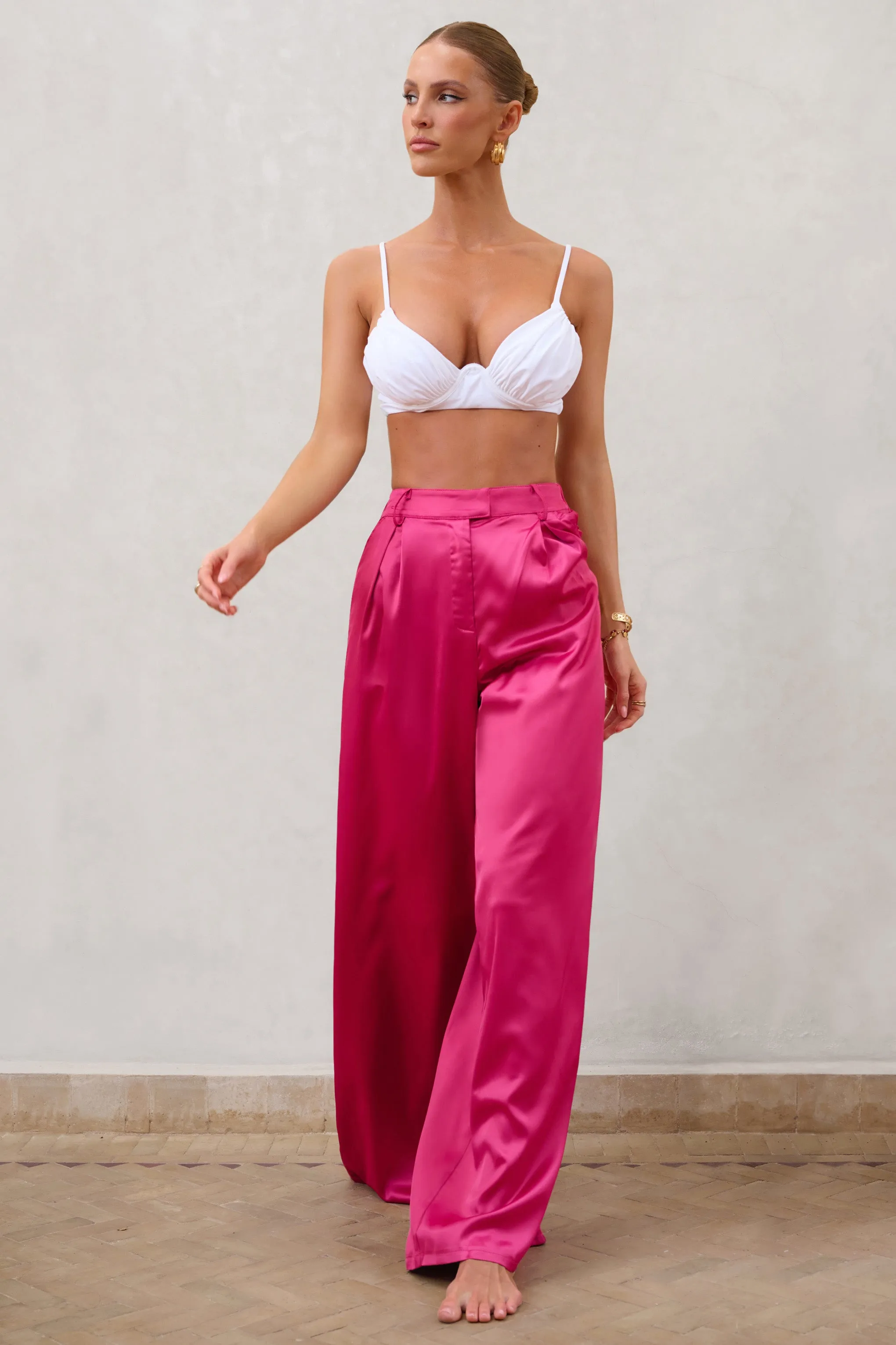 Desire Me | Hot Pink Satin High Waist Wide Leg Trousers