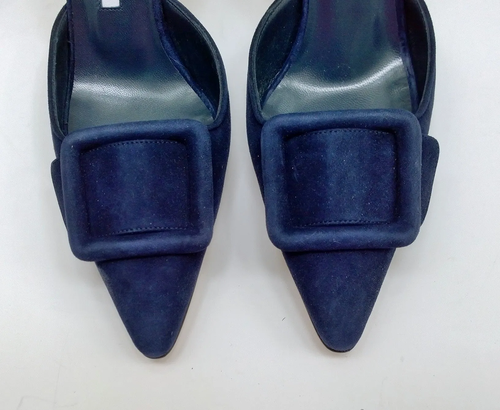 Manolo Blahnik Maysale Navy Suede Buckle Heels 70 Mules