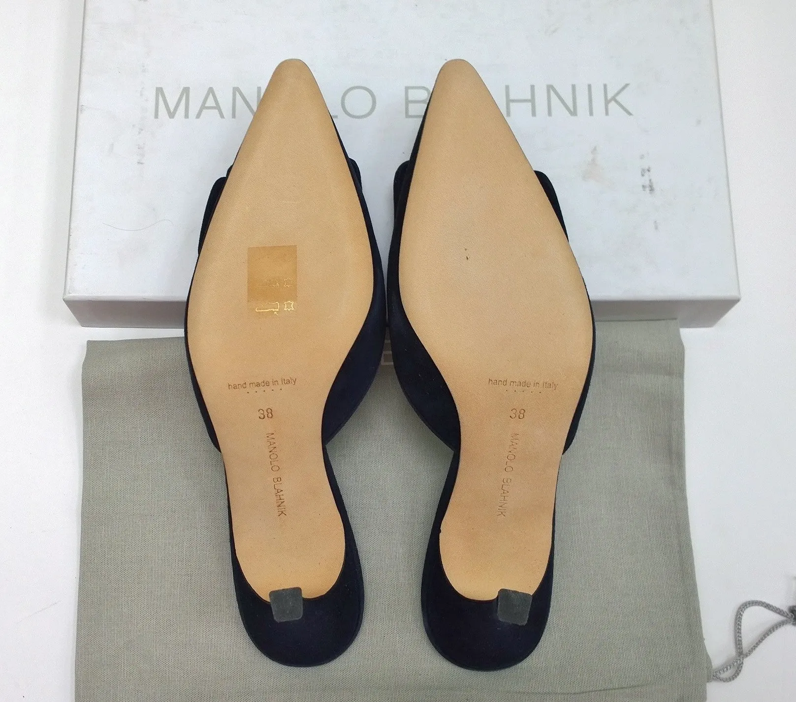 Manolo Blahnik Maysale Navy Suede Buckle Heels 70 Mules