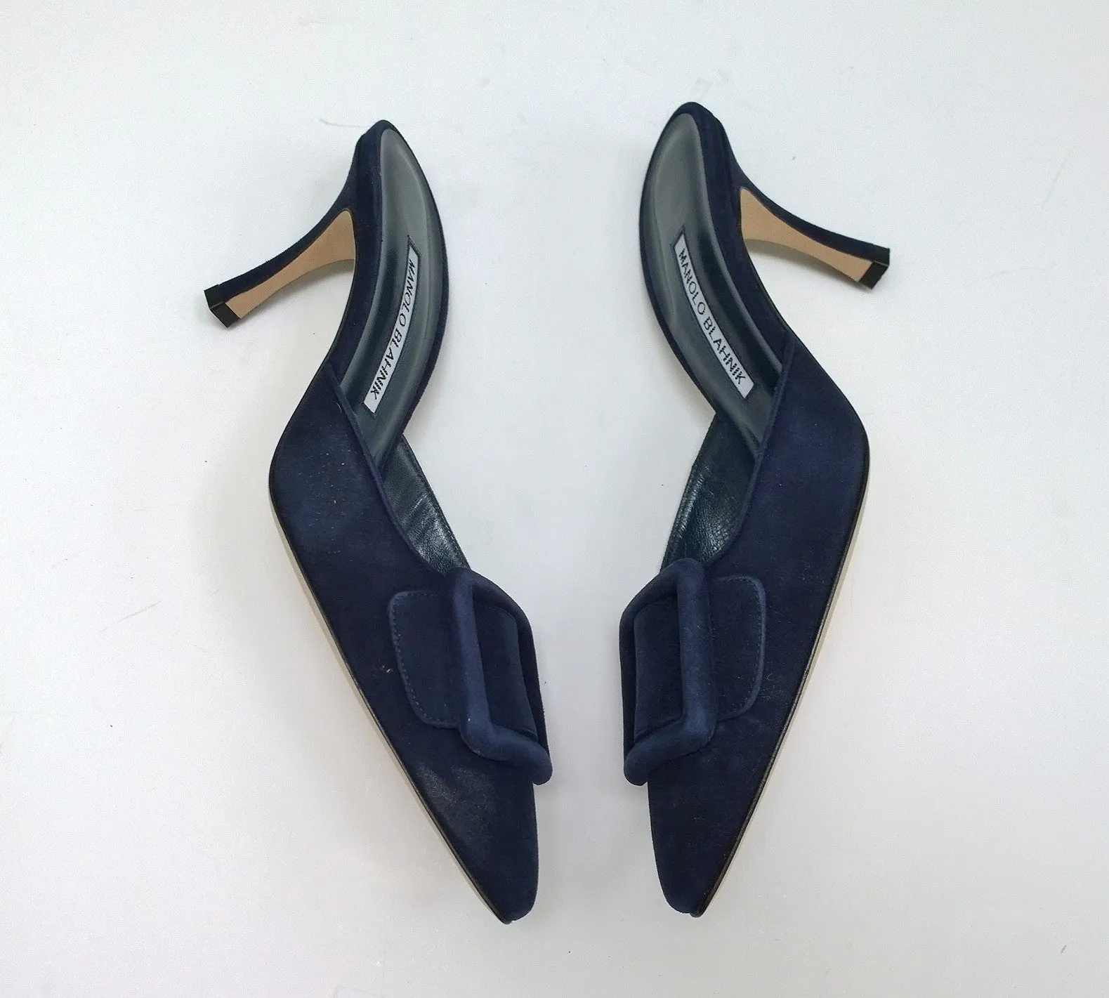 Manolo Blahnik Maysale Navy Suede Buckle Heels 70 Mules