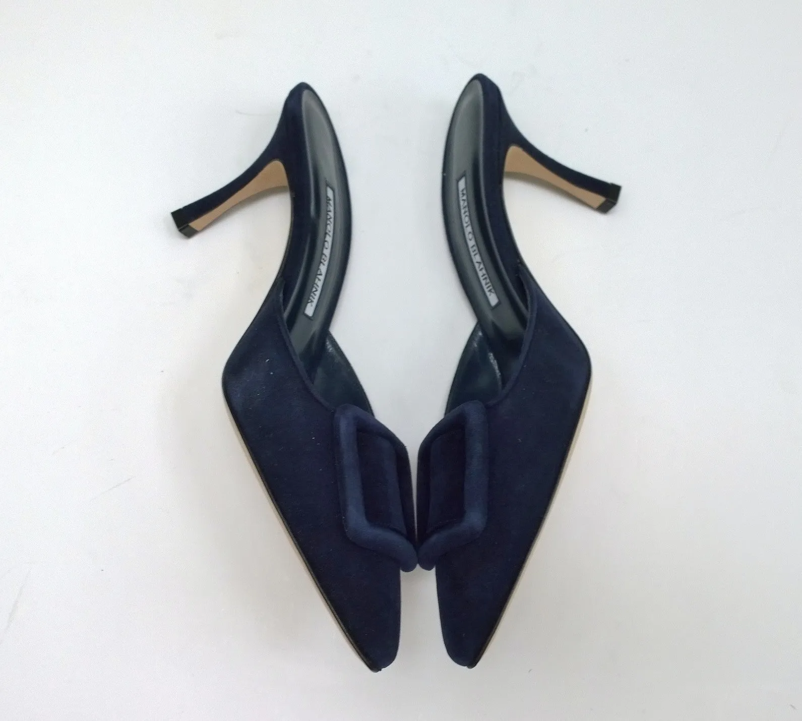 Manolo Blahnik Maysale Navy Suede Buckle Heels 70 Mules