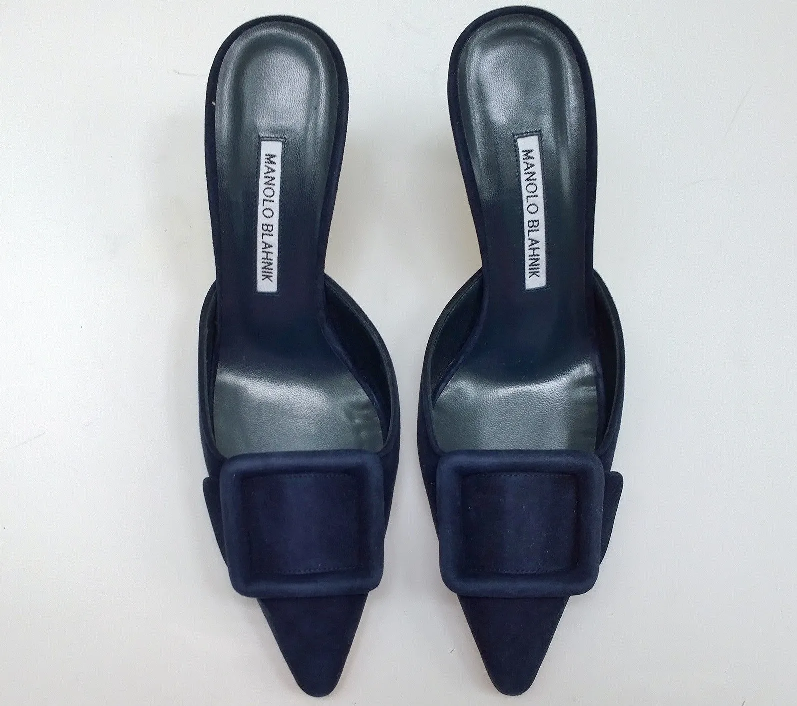 Manolo Blahnik Maysale Navy Suede Buckle Heels 70 Mules