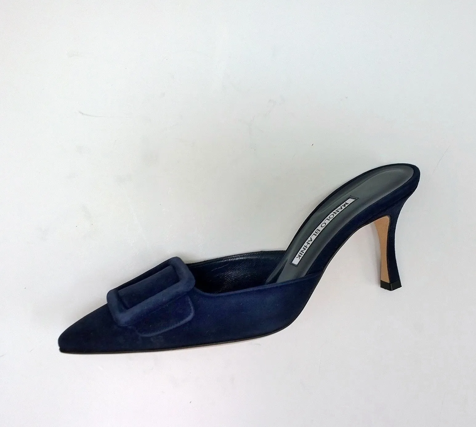 Manolo Blahnik Maysale Navy Suede Buckle Heels 70 Mules