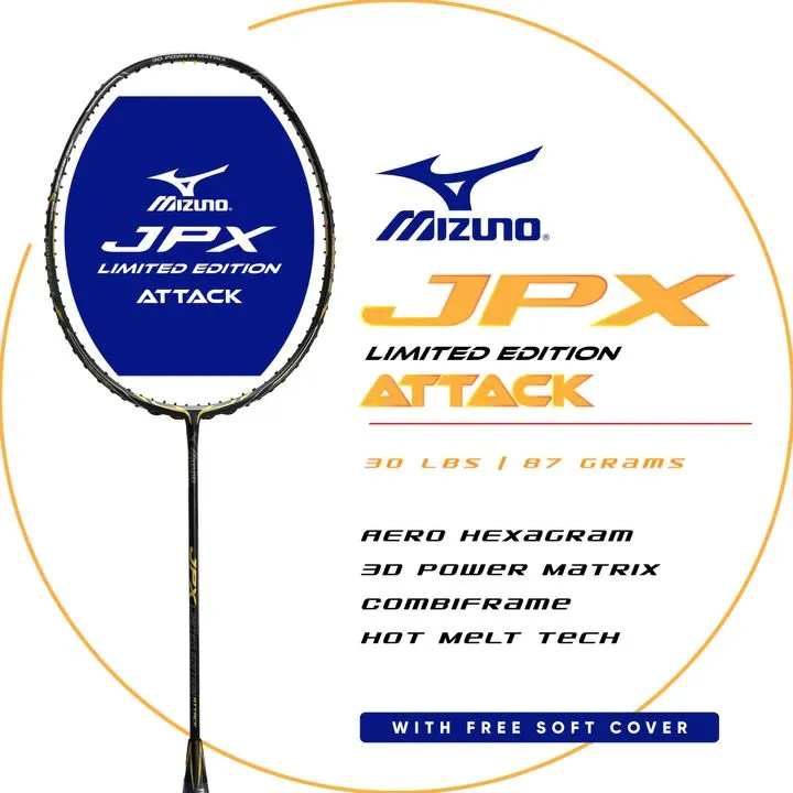 Mizuno JPX Limited Edition Attack Badminton Racket (Unstrung) - Black/Gold/Ash Grey - 3U