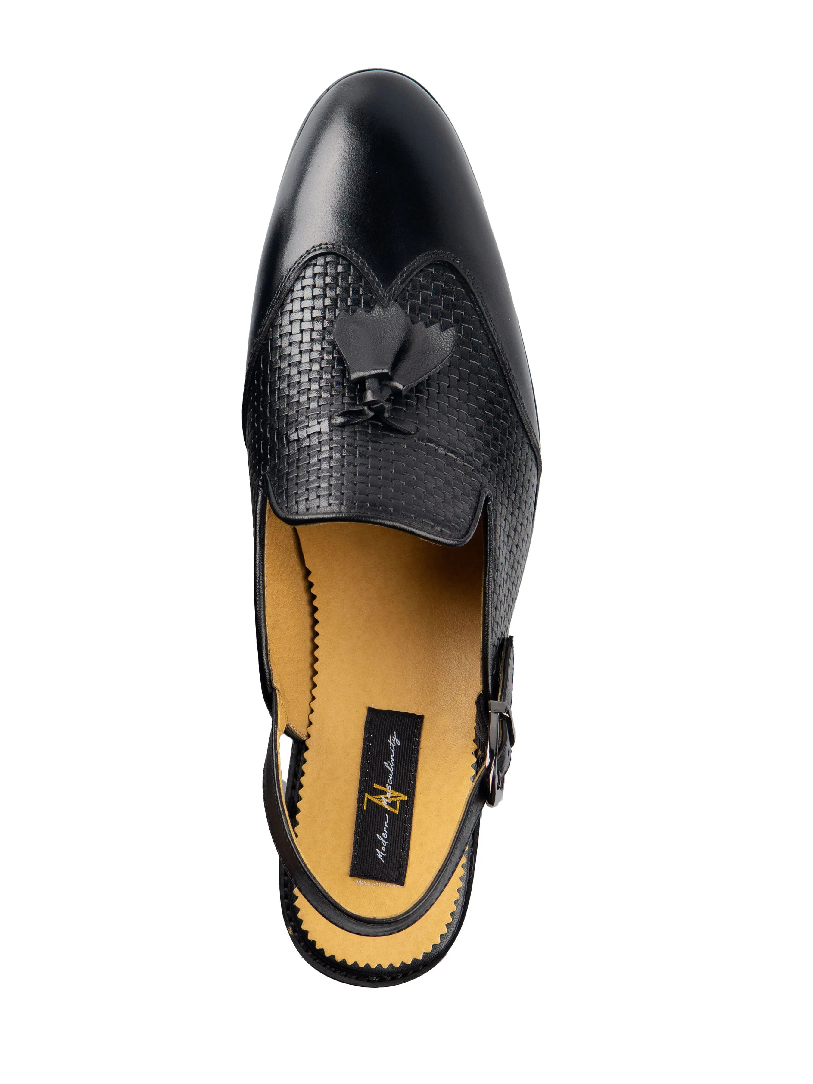 Mules Wingtip Slingback Strap - Black Woven Leather With Tassel