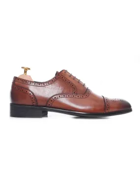 Oxford Cap Toe - Cognac Tan Semi Brogue Lace Up (Hand Painted Patina)