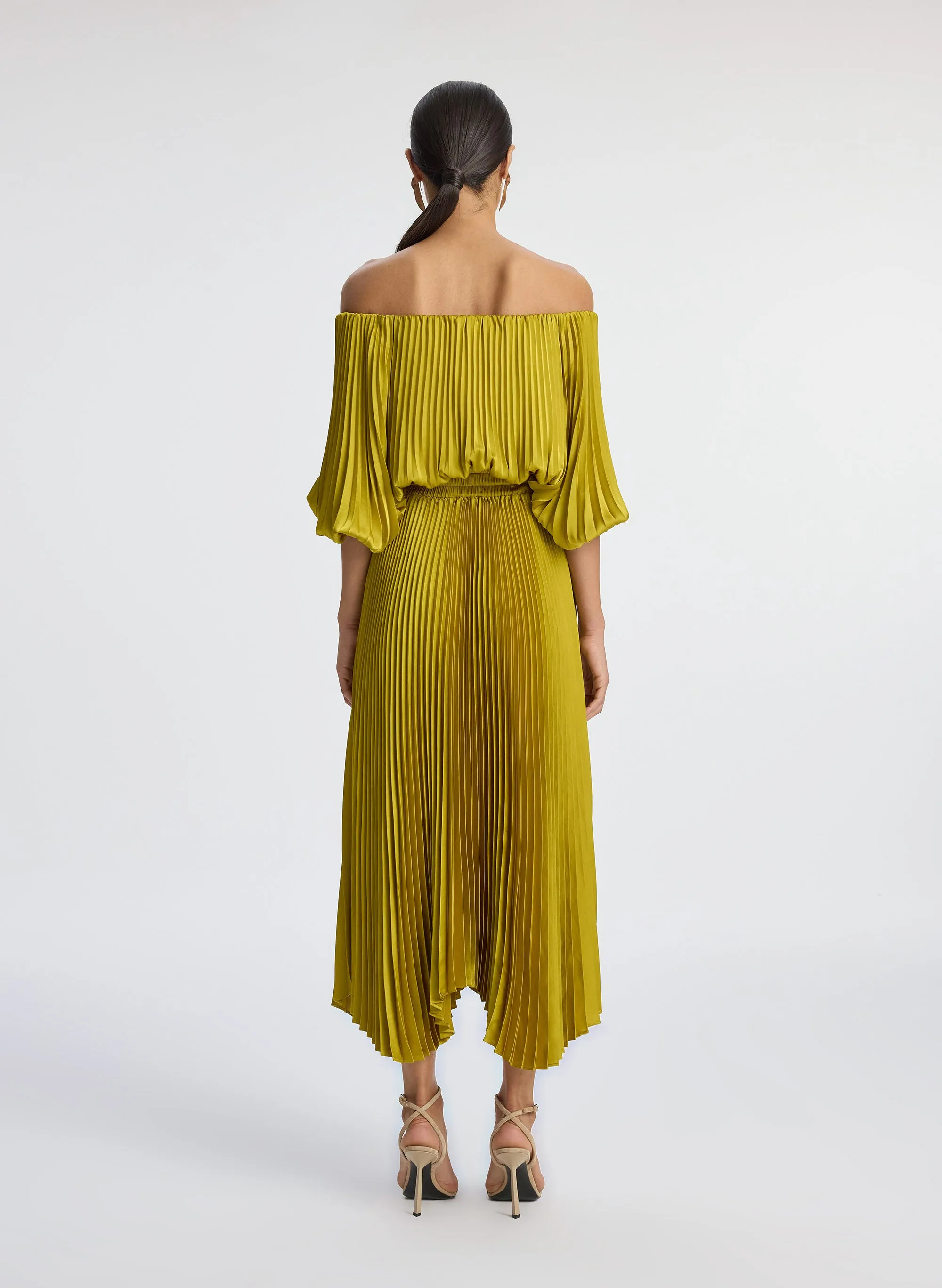 Sienna Satin Pleated Off Shoulder Dress